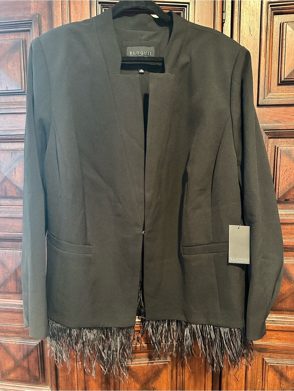 26 Eloquii OSTRICH FEATHER trim Black Hook Front Blazer Women’s Suit Jacket